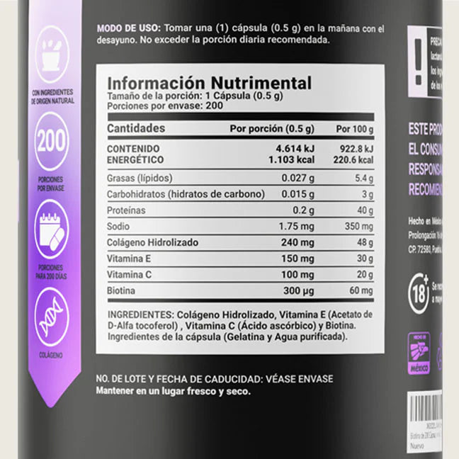 Collagen Bio | Colágeno Hidrolizado + Biotina 100 capsulas